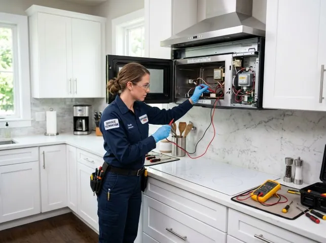 Appliance Repair Hero technician testing an over-the-range microwave in a Bryn Athyn, PA kitchen